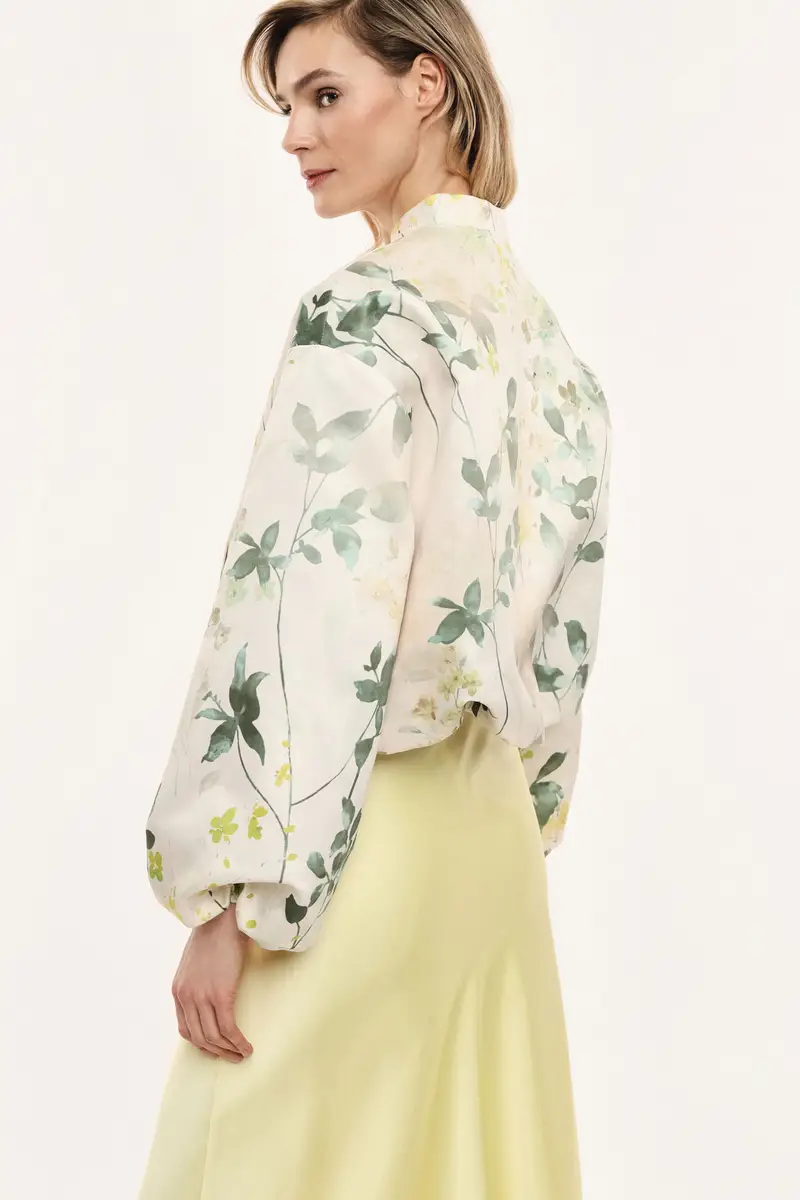 Bomber crop con stampa floreale e maniche voluminose Panna miniatura 3