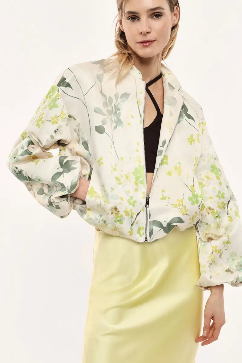 Bomber crop con stampa floreale e maniche voluminose Panna miniatura 4