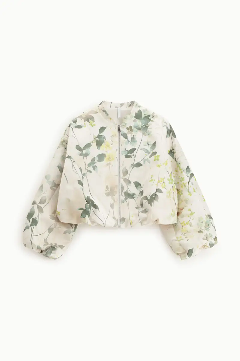 Bomber crop con stampa floreale e maniche voluminose Panna