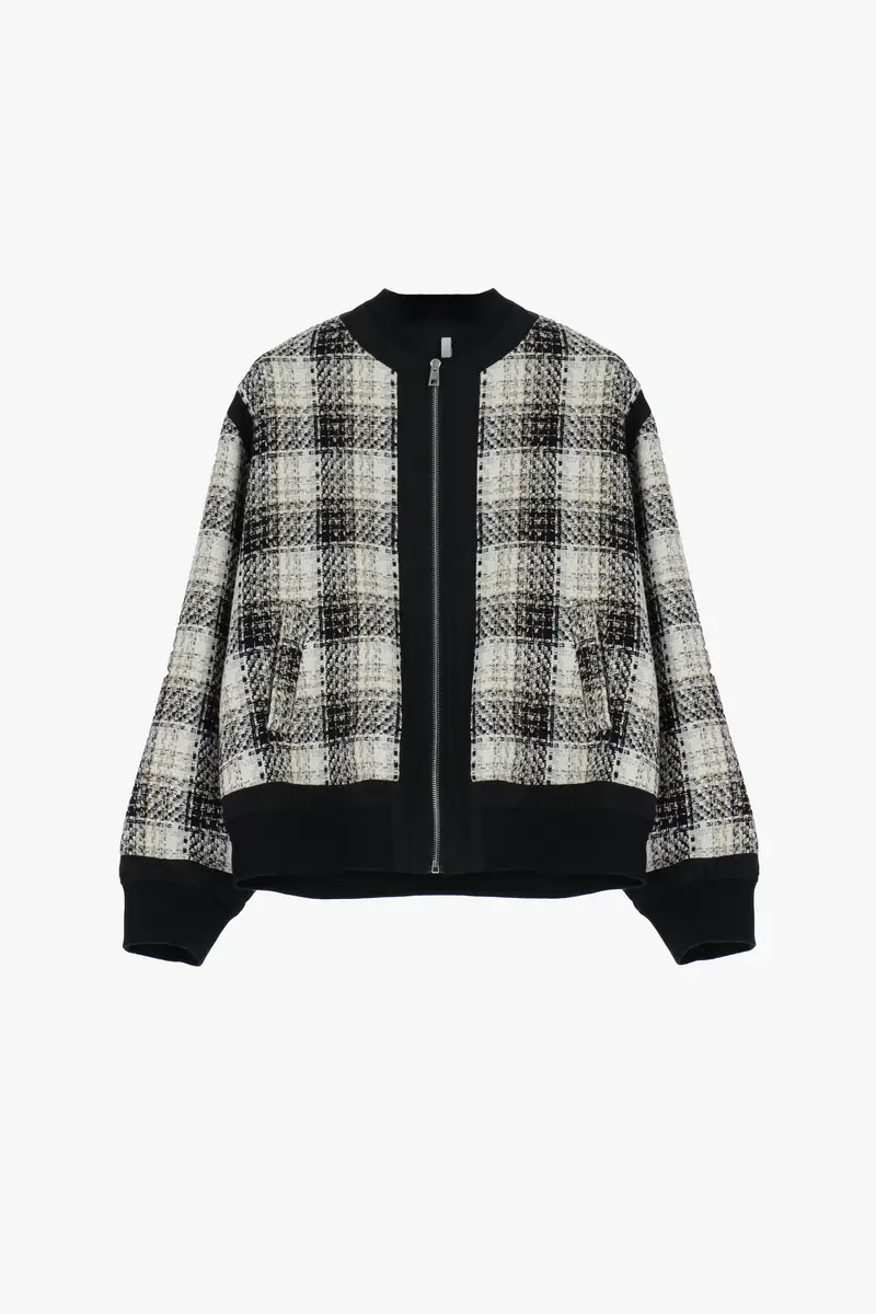Bomber oversize con fantasia check e zip frontale Panna