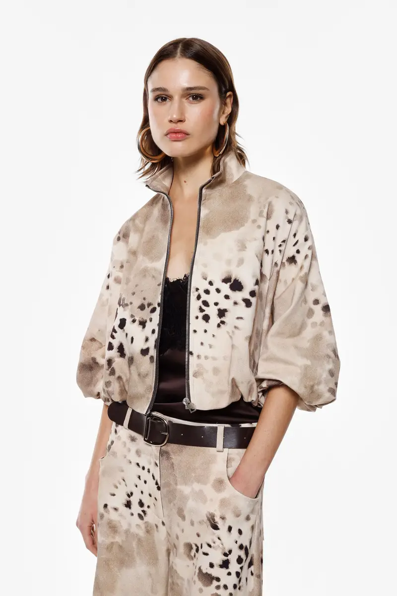 Bomber oversize stampa fantasia chiusura zip Beige miniatura 2