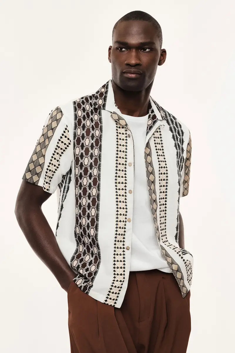 Camicia a maniche corte fantasia geometrica Panna miniatura 2