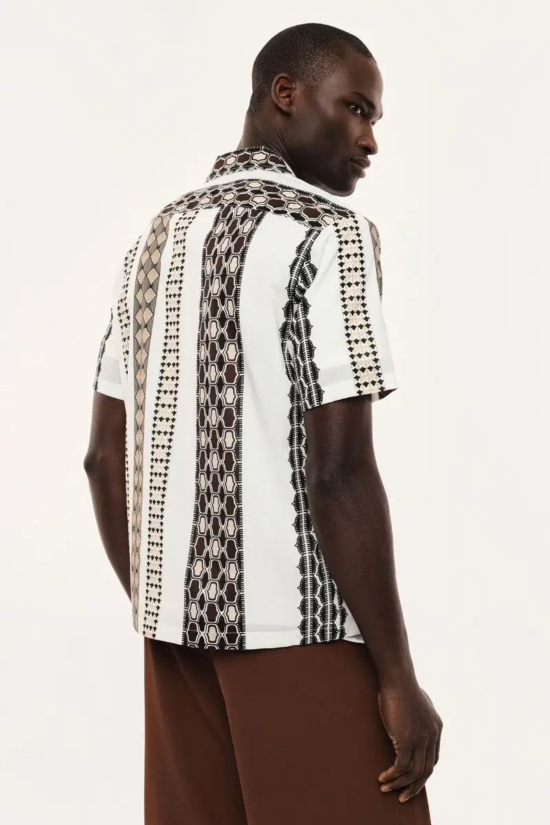 Camicia a maniche corte fantasia geometrica Panna miniatura 3