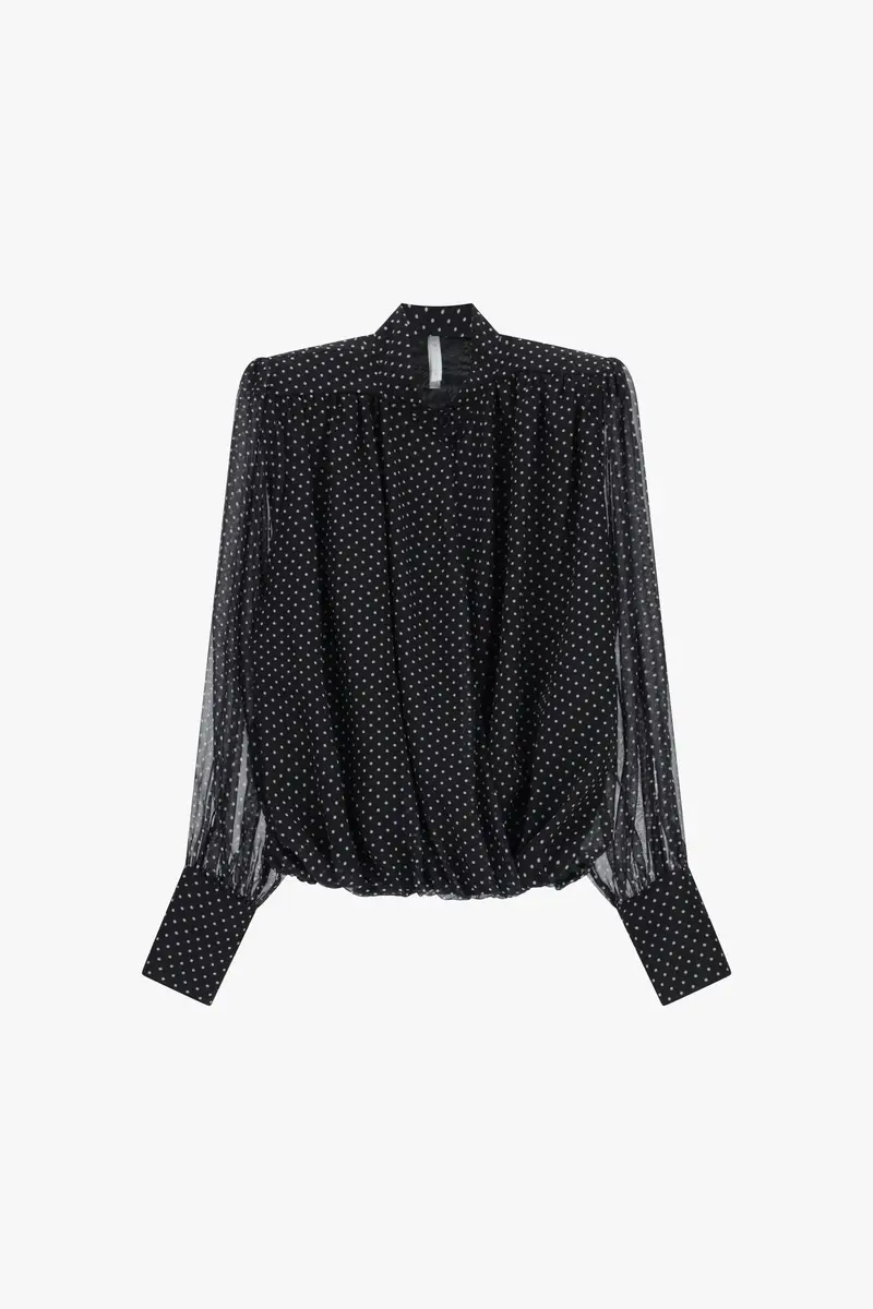 Camicia a pois con collo coreano e polsini ampi Nero