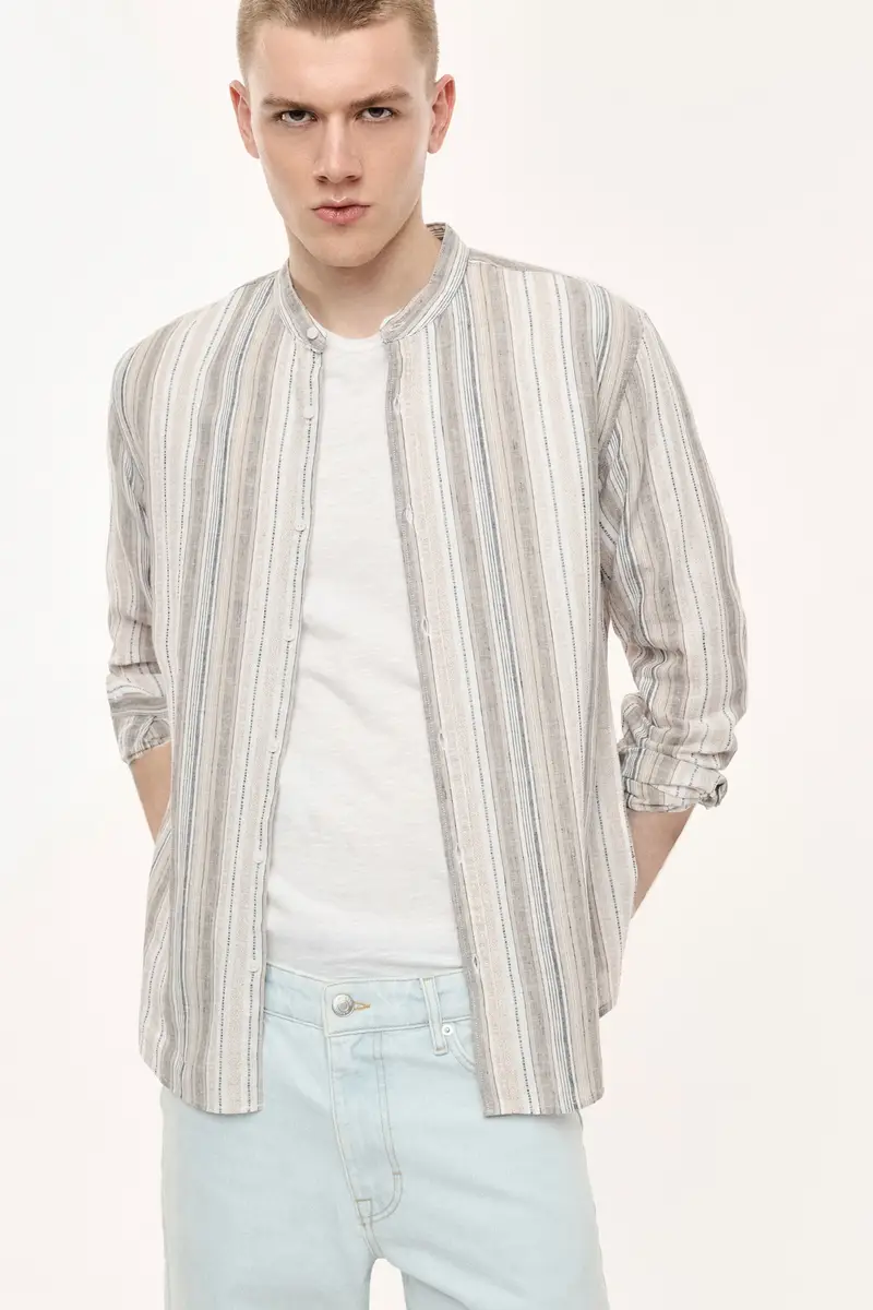 Camicia a righe colletto coreano maniche lunghe Bianco miniatura 2