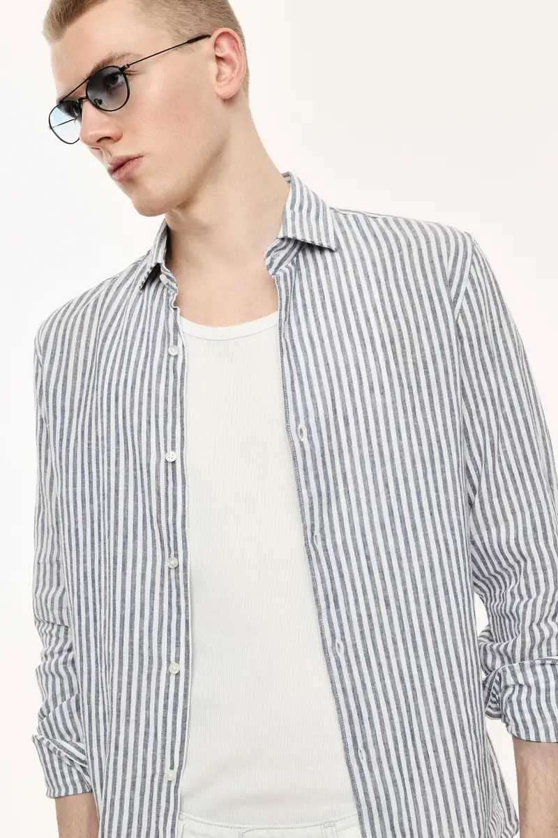 Camicia a righe con colletto classico e maniche lunghe Bianco miniatura 2