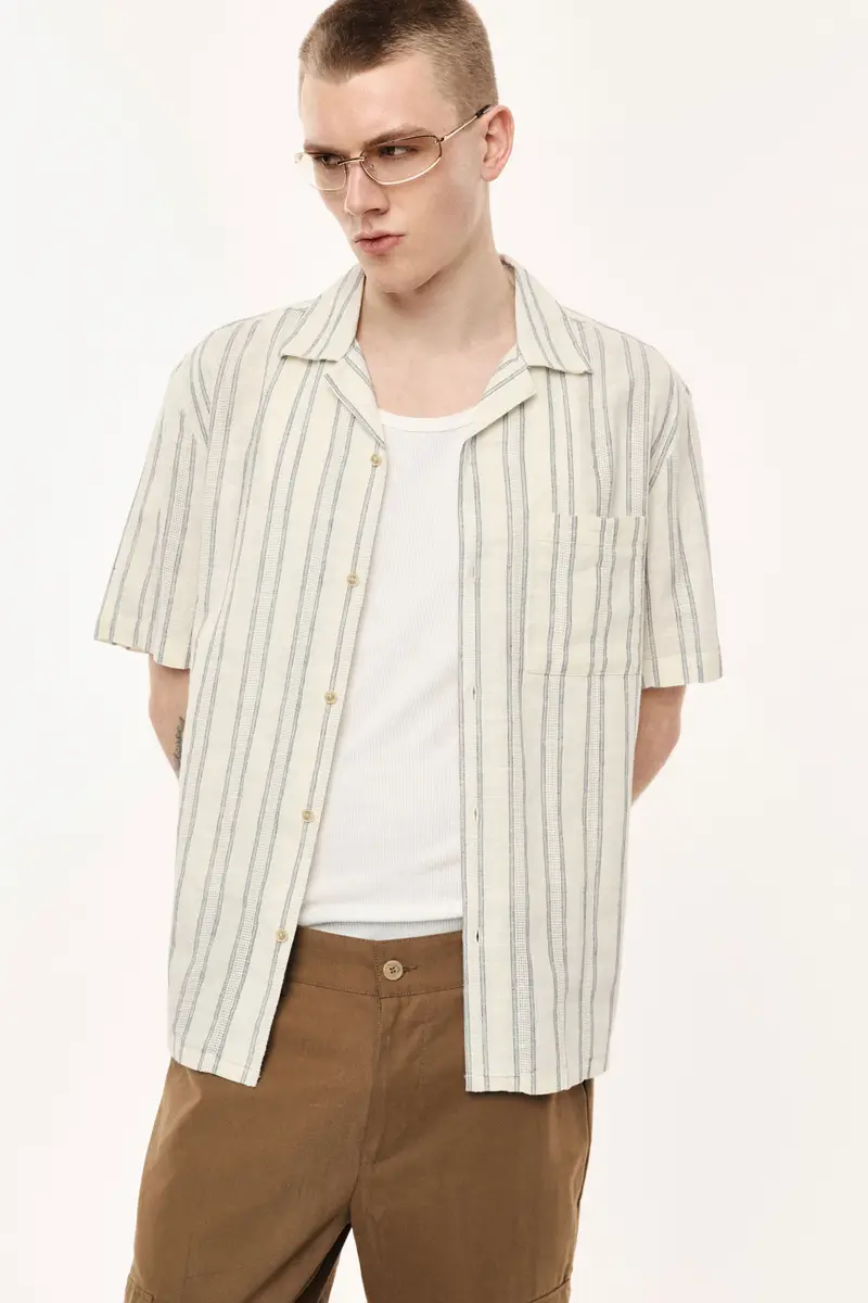 Camicia a righe con colletto classico e tasca Bianco miniatura 2