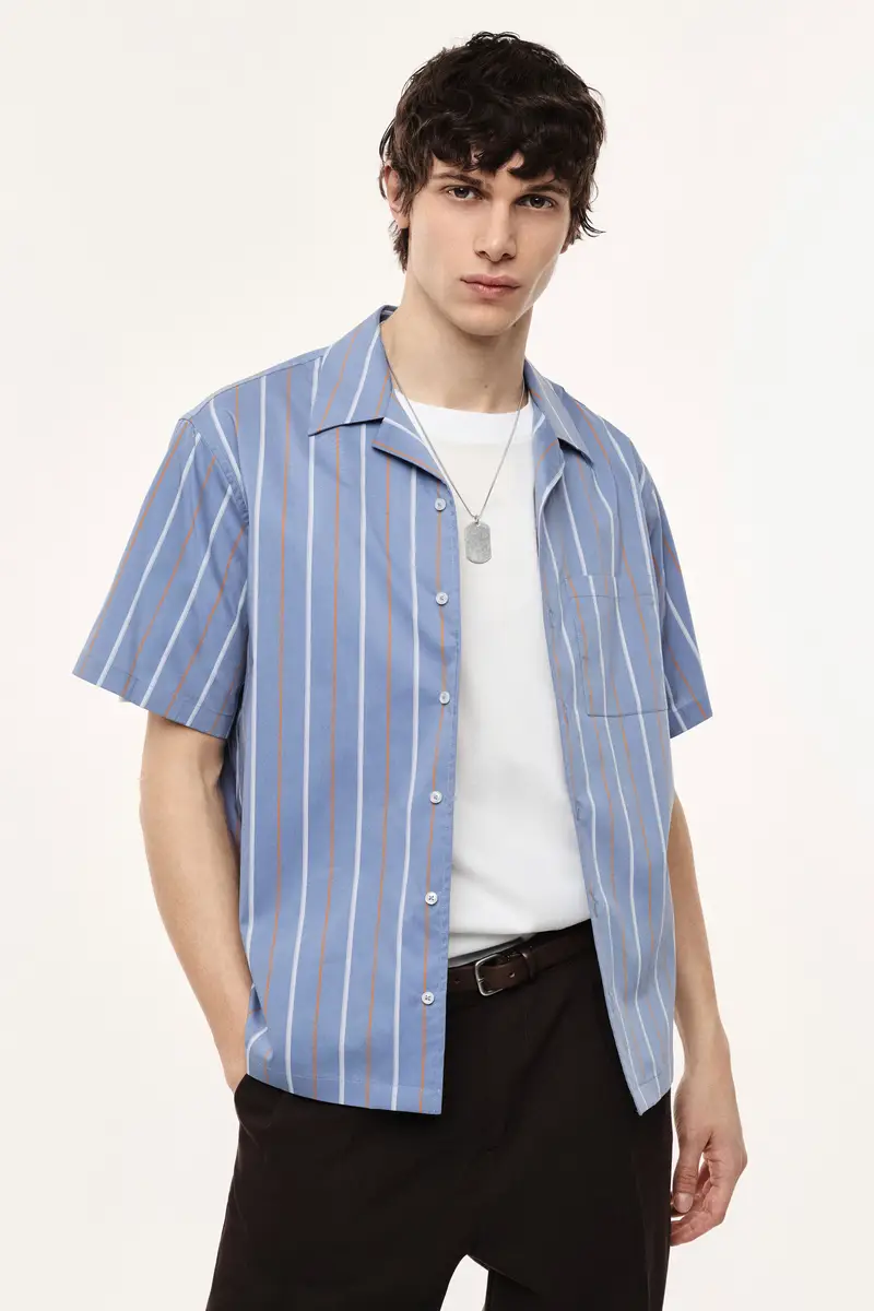 Camicia a righe con colletto classico e tasca Indaco miniatura 2