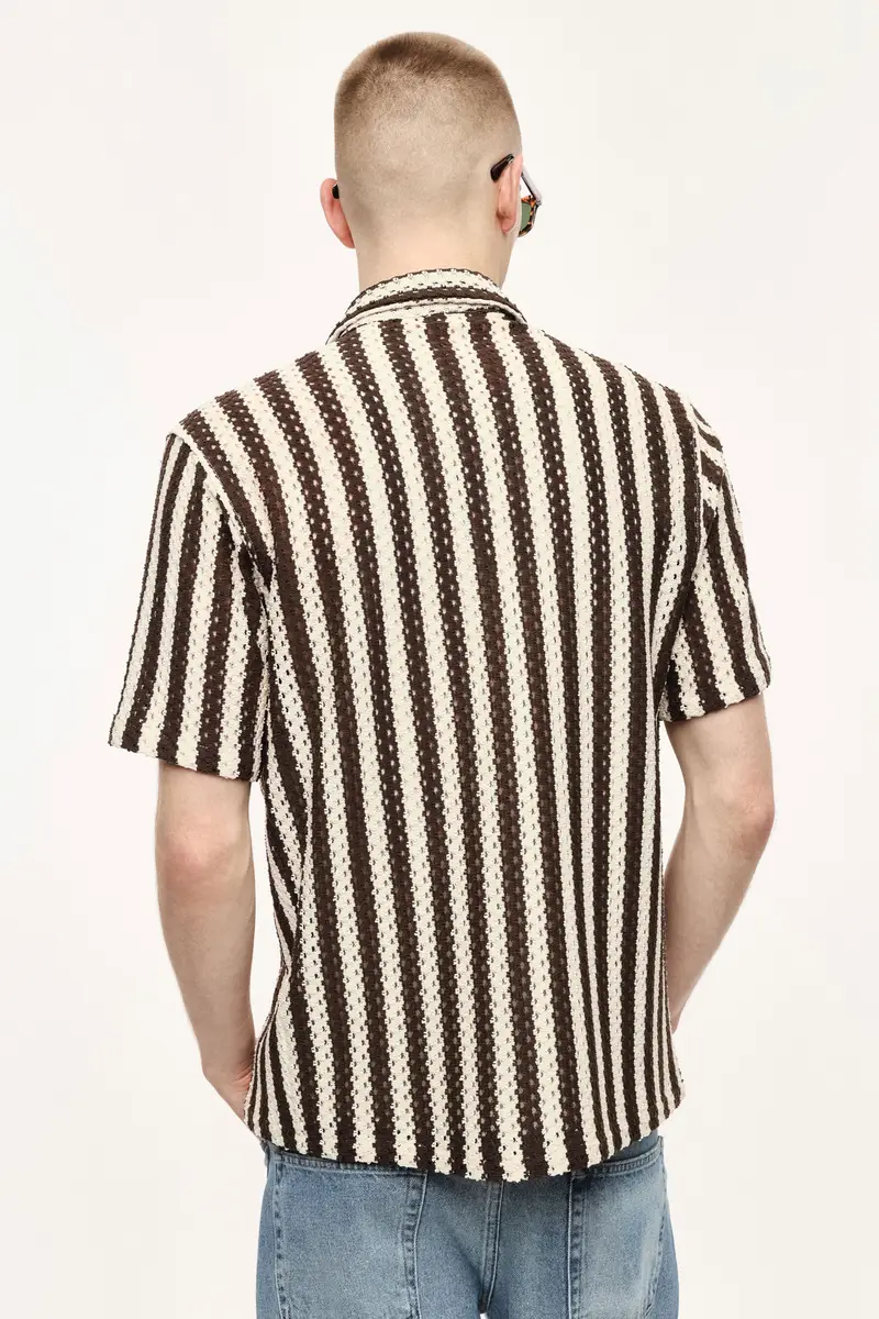 Camicia a righe con collo classico e maniche corte Panna miniatura 4