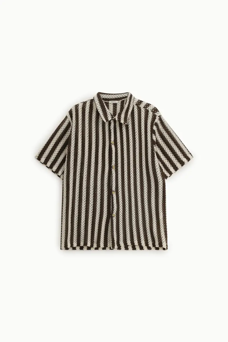 Camicia a righe con collo classico e maniche corte Panna