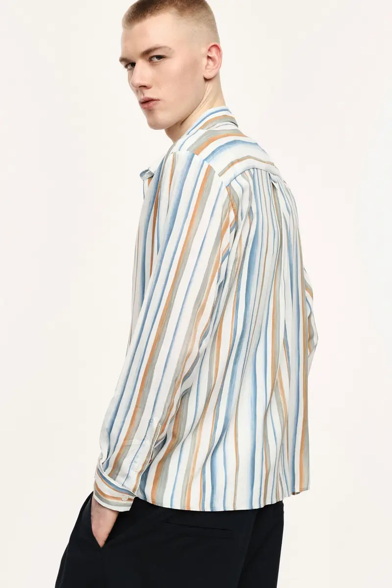 Camicia a righe con collo classico e maniche lunghe Bianco miniatura 4