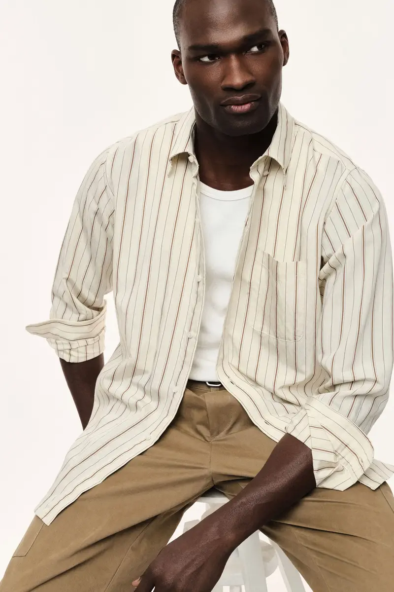 Camicia a righe con collo classico e taschino Beige miniatura 2