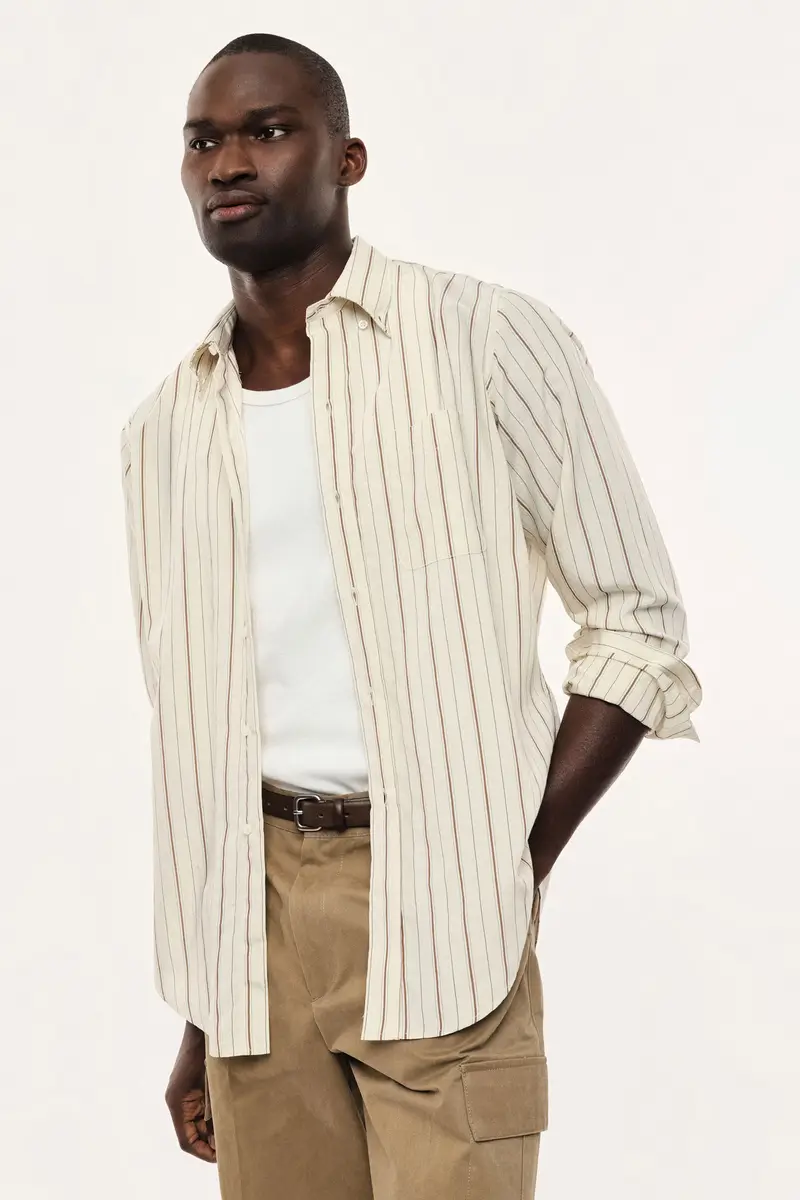 Camicia a righe con collo classico e taschino Beige miniatura 3
