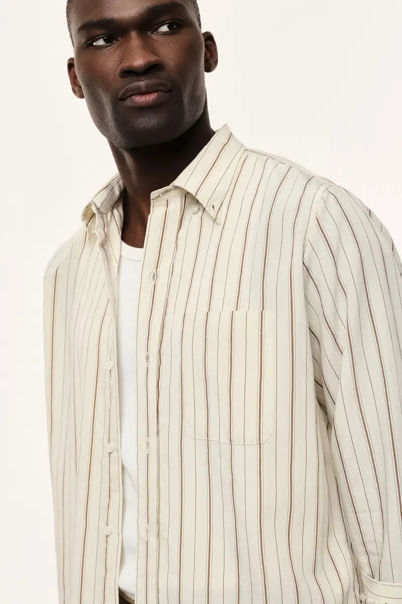 Camicia a righe con collo classico e taschino Beige miniatura 4