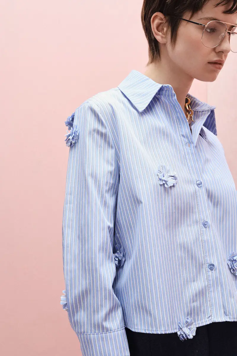 Camicia a righe con dettagli floreali applicati Azzurro miniatura 2
