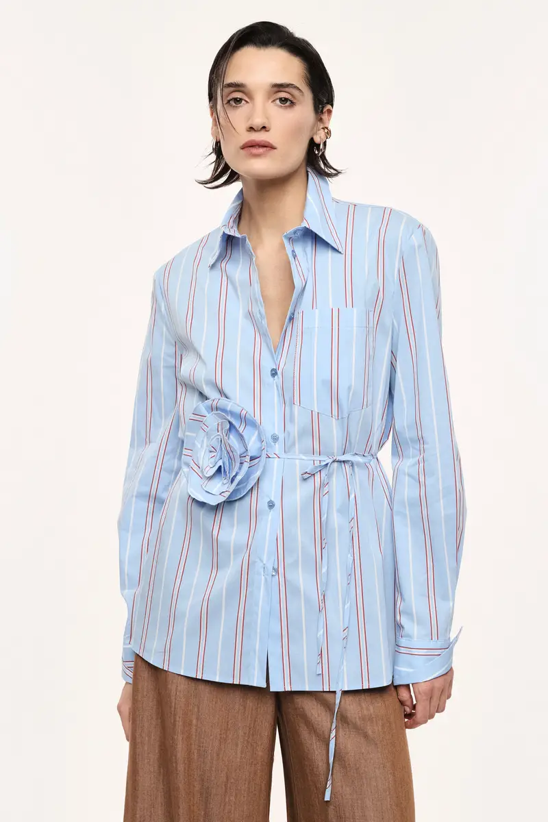 Camicia a righe con fiore applicato e tasca Azzurro miniatura 2