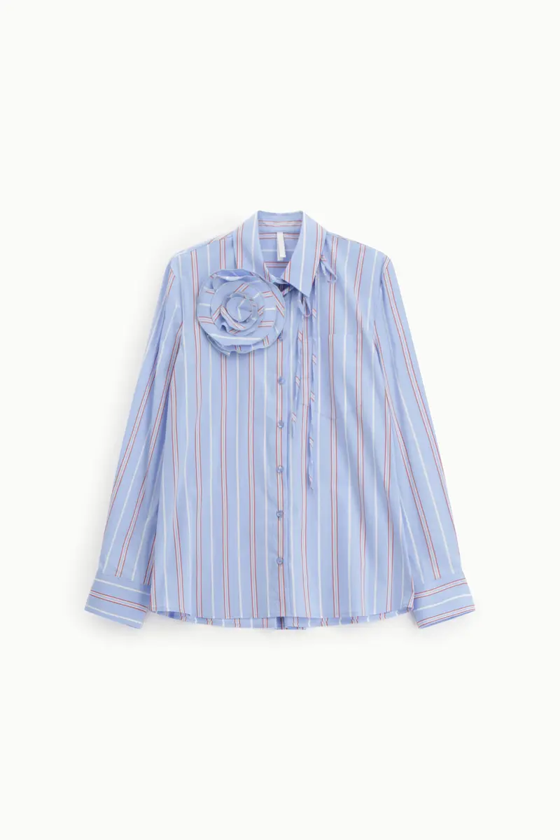 Camicia a righe con fiore applicato e tasca Azzurro