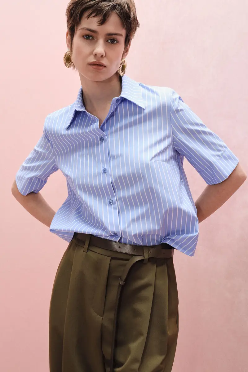 Camicia a righe con maniche corte e colletto classico Azzurro miniatura 2