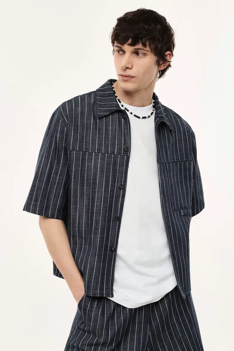 Camicia a righe con maniche corte e tasca frontale Denim miniatura 2