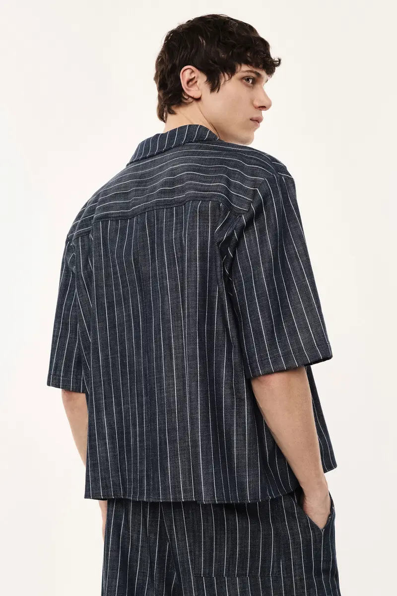 Camicia a righe con maniche corte e tasca frontale Denim miniatura 3