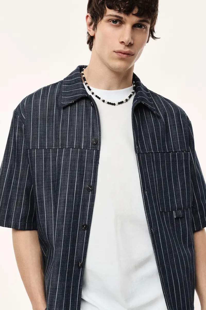 Camicia a righe con maniche corte e tasca frontale Denim miniatura 4