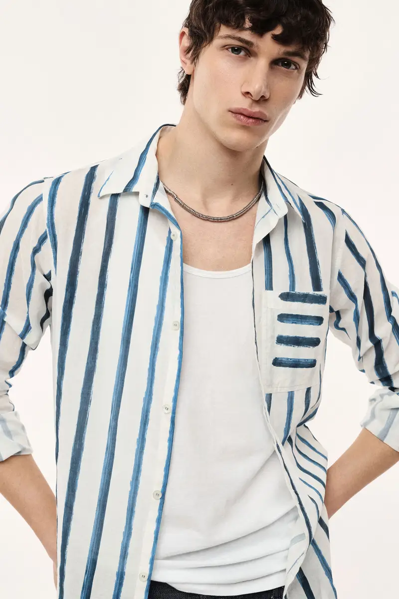 Camicia a righe con taschino e maniche lunghe Bianco miniatura 2