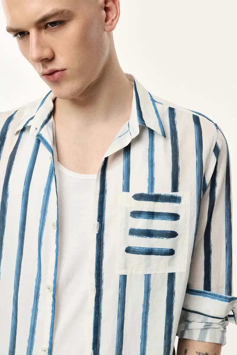 Camicia a righe con taschino e maniche lunghe Bianco miniatura 4