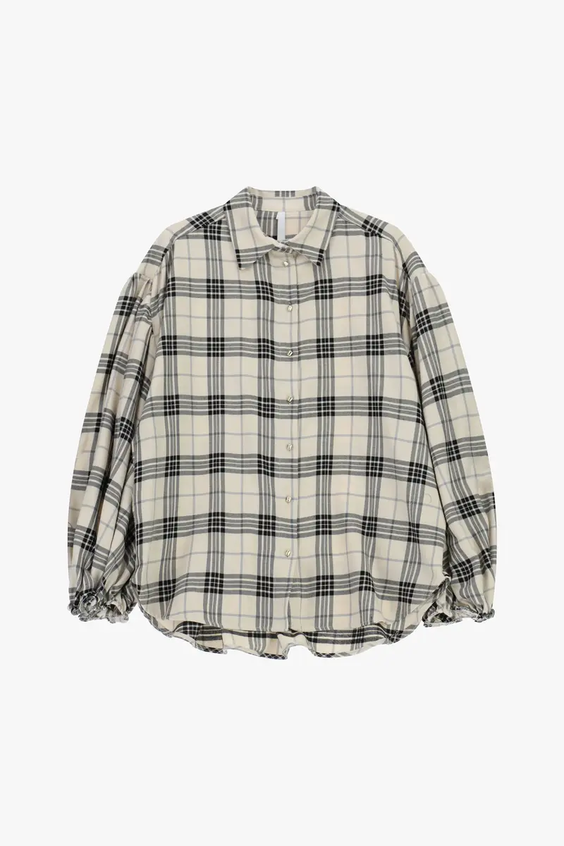 Camicia ampia a quadri con maniche balloon Panna