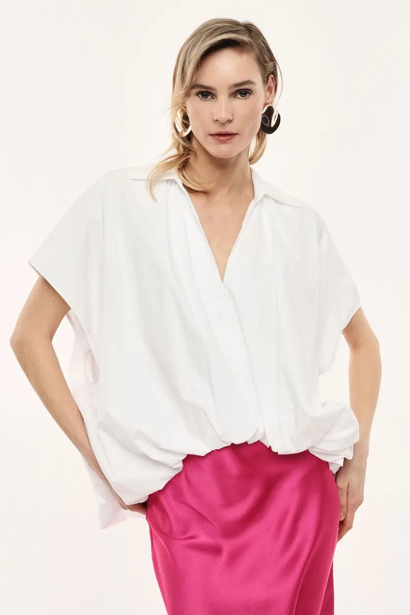 Camicia ampia con collo classico e fondo arricciato Bianco miniatura 2