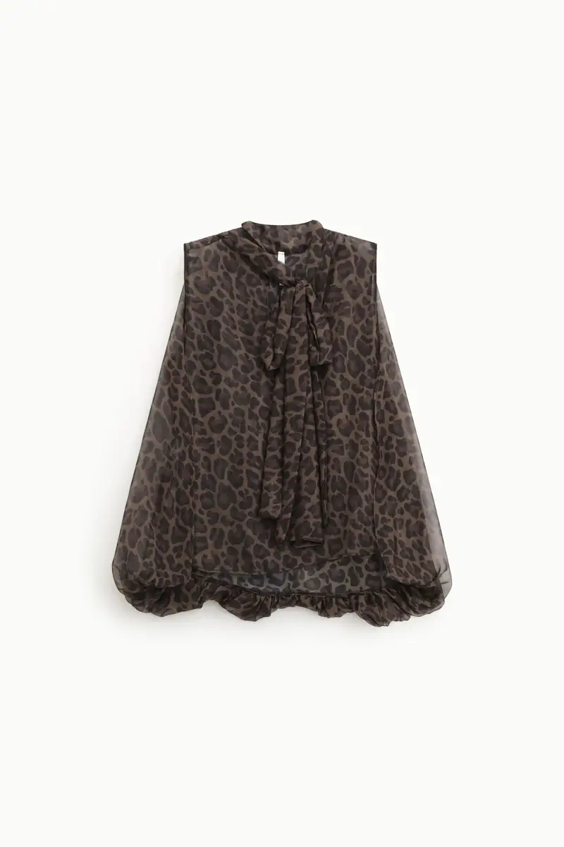 Camicia ampia con fiocco frontale e stampa animalier Fango