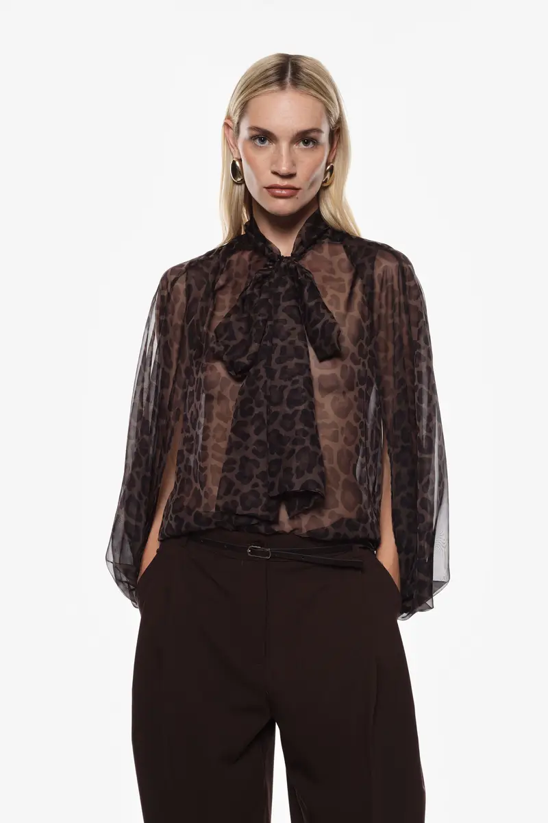 Camicia ampia con fiocco frontale e stampa animalier Fango miniatura 2