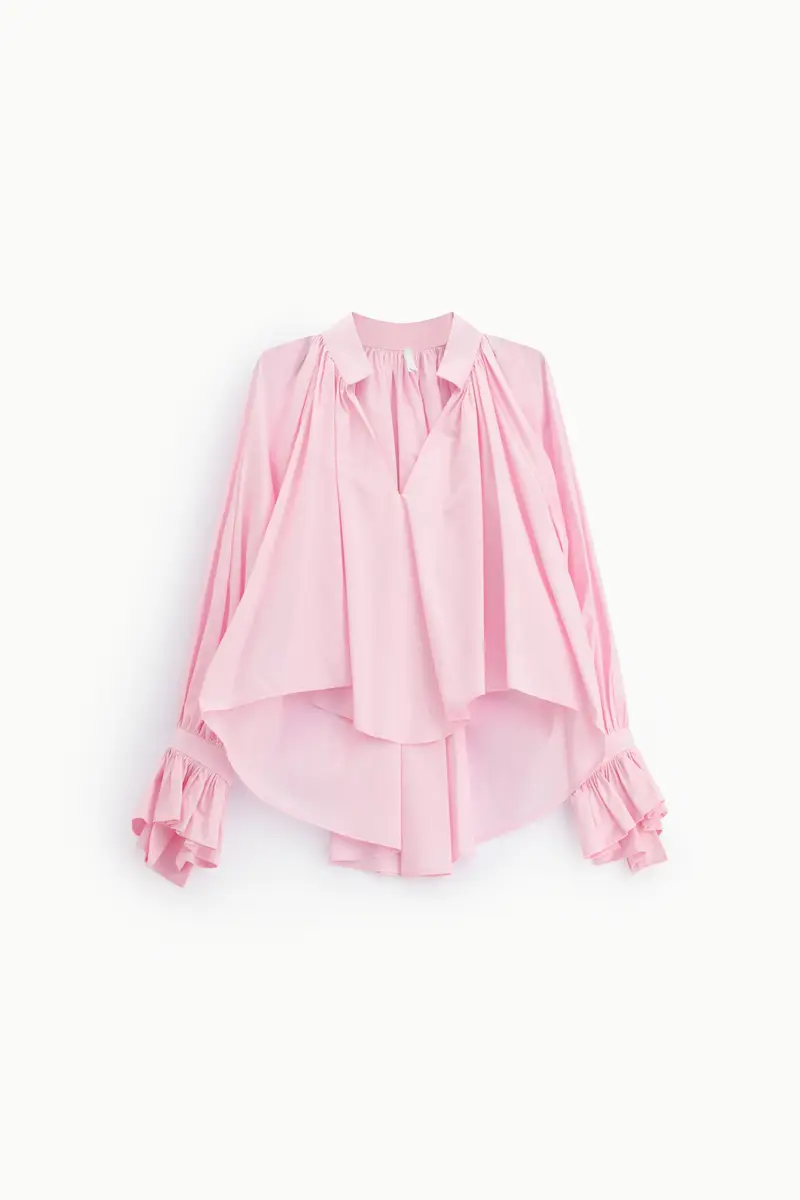 Camicia ampia con maniche volant e colletto coreano Rosa