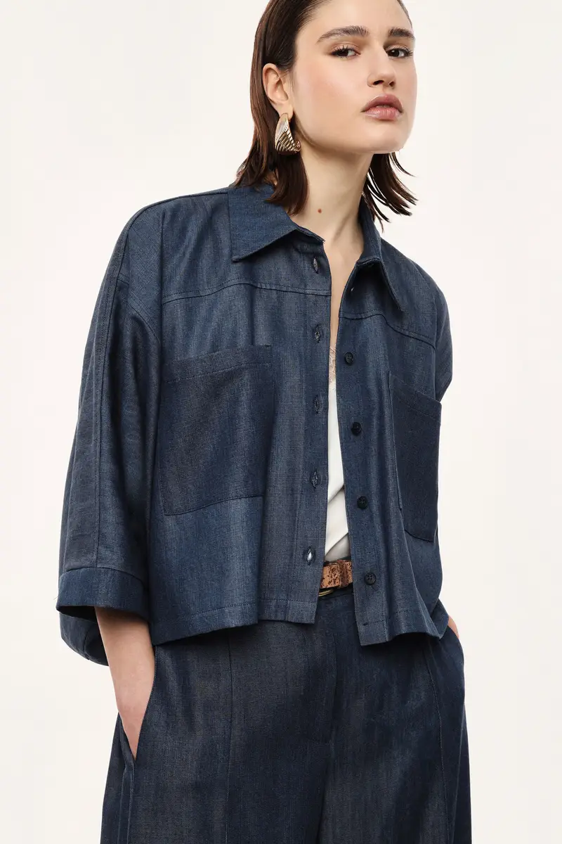 Camicia ampia con tasche applicate e maniche 3/4 Blu denim miniatura 2