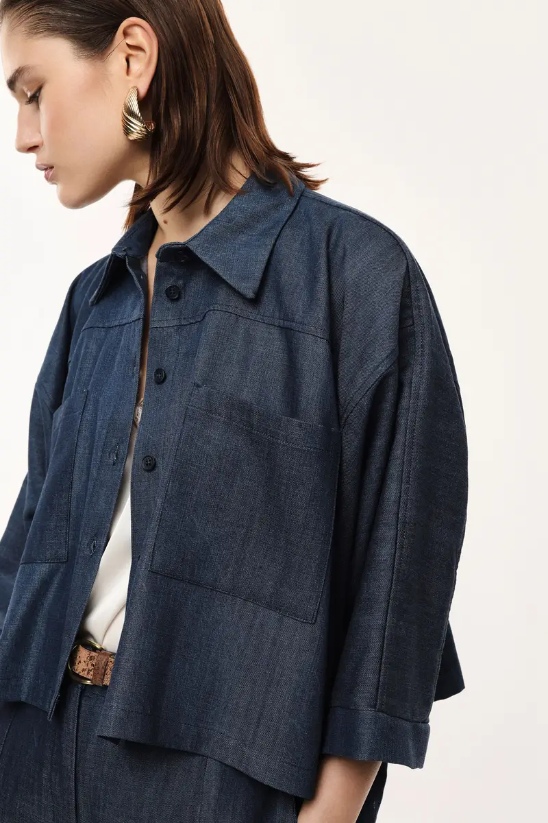 Camicia ampia con tasche applicate e maniche 3/4 Blu denim miniatura 4