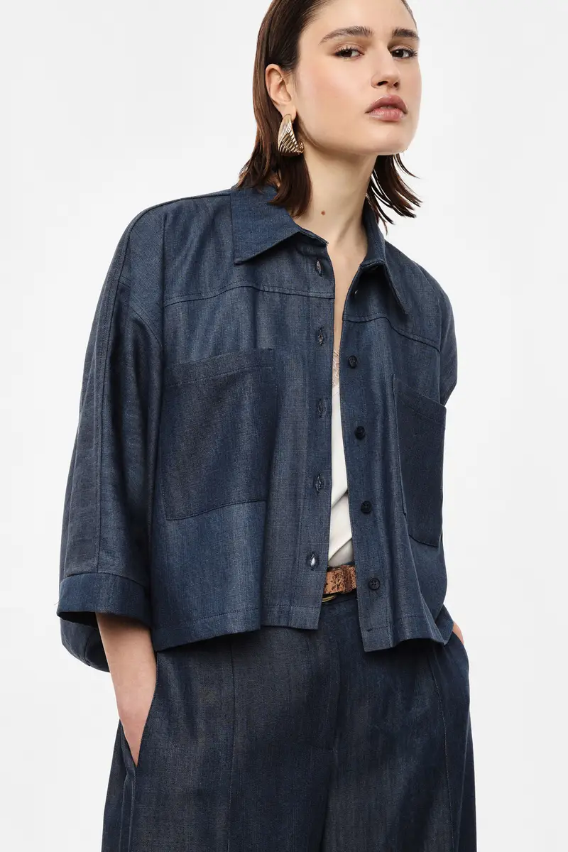 Camicia ampia con tasche applicate e maniche 3/4 Blu denim miniatura 2