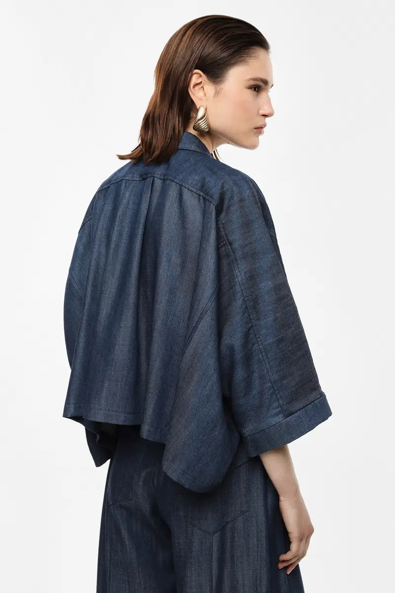 Camicia ampia con tasche applicate e maniche 3/4 Blu denim miniatura 3