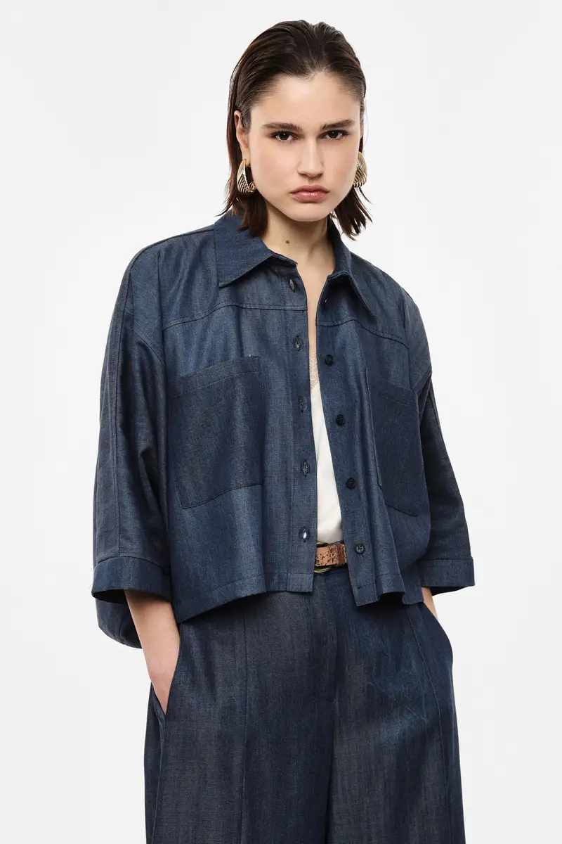 Camicia ampia con tasche applicate e maniche 3/4 Blu denim miniatura 4