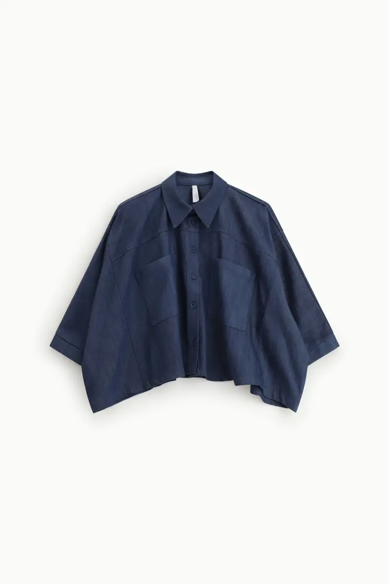 Camicia ampia con tasche applicate e maniche 3/4 Blu denim