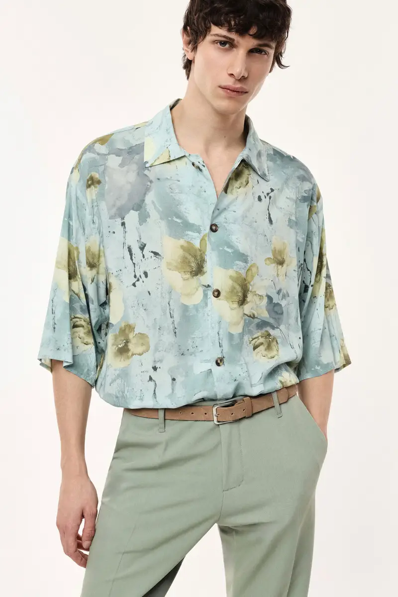 Camicia ampia fantasia floreale chiusura bottoni Azzurro miniatura 2