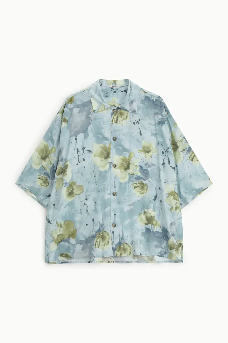 Camicia ampia fantasia floreale chiusura bottoni Azzurro