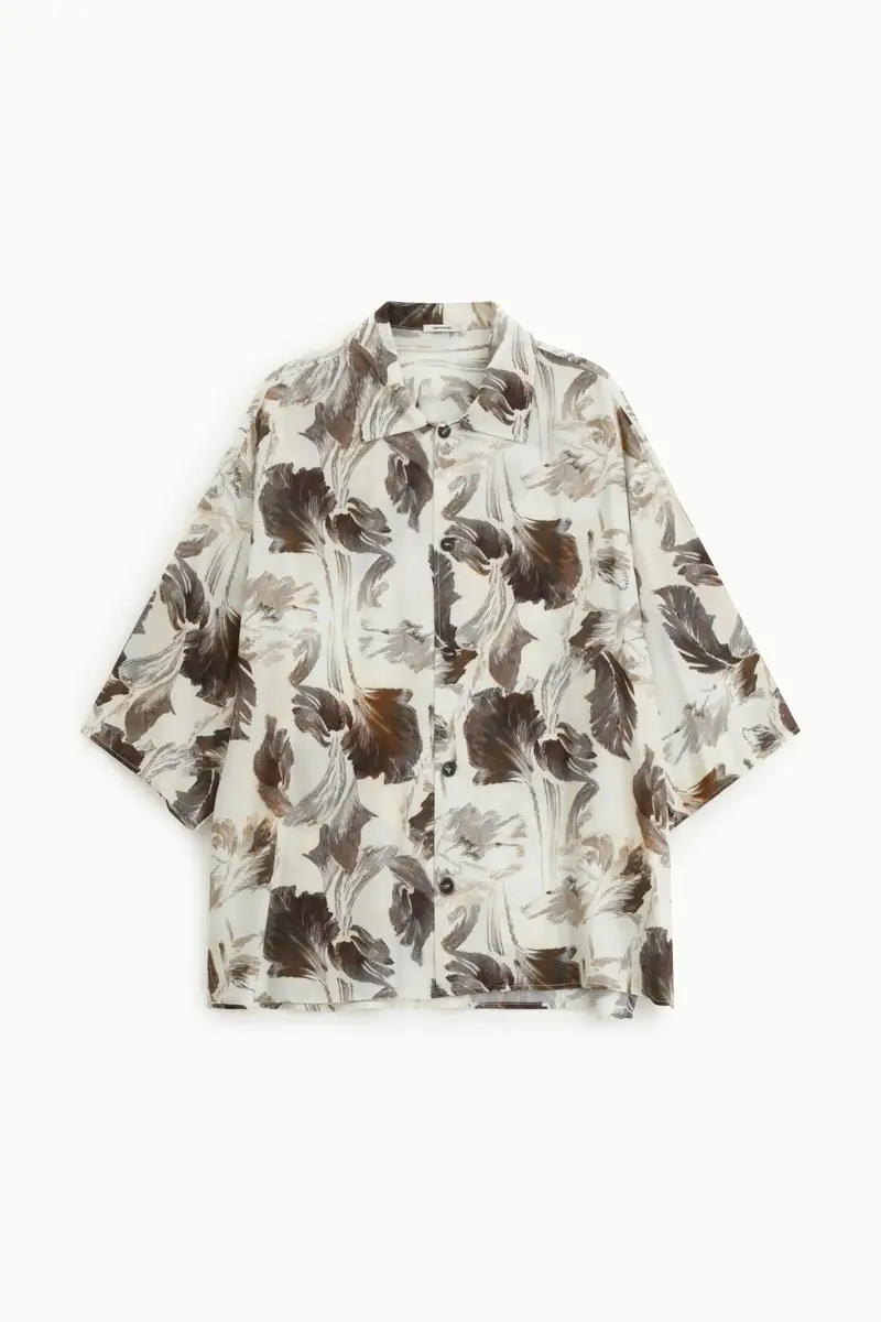 Camicia ampia fantasia stampa botanica collo classico Beige