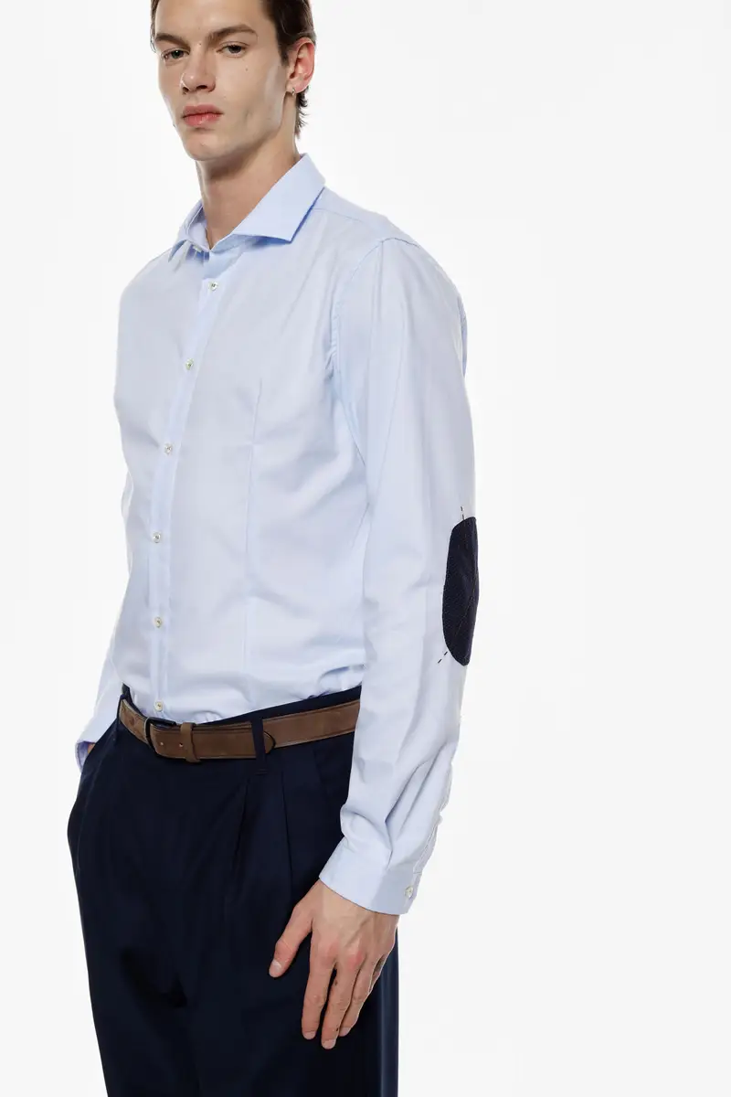 Camicia classica con toppe ai gomiti e bottoni Azzurro miniatura 2