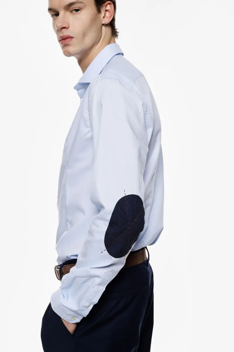 Camicia classica con toppe ai gomiti e bottoni Azzurro miniatura 3