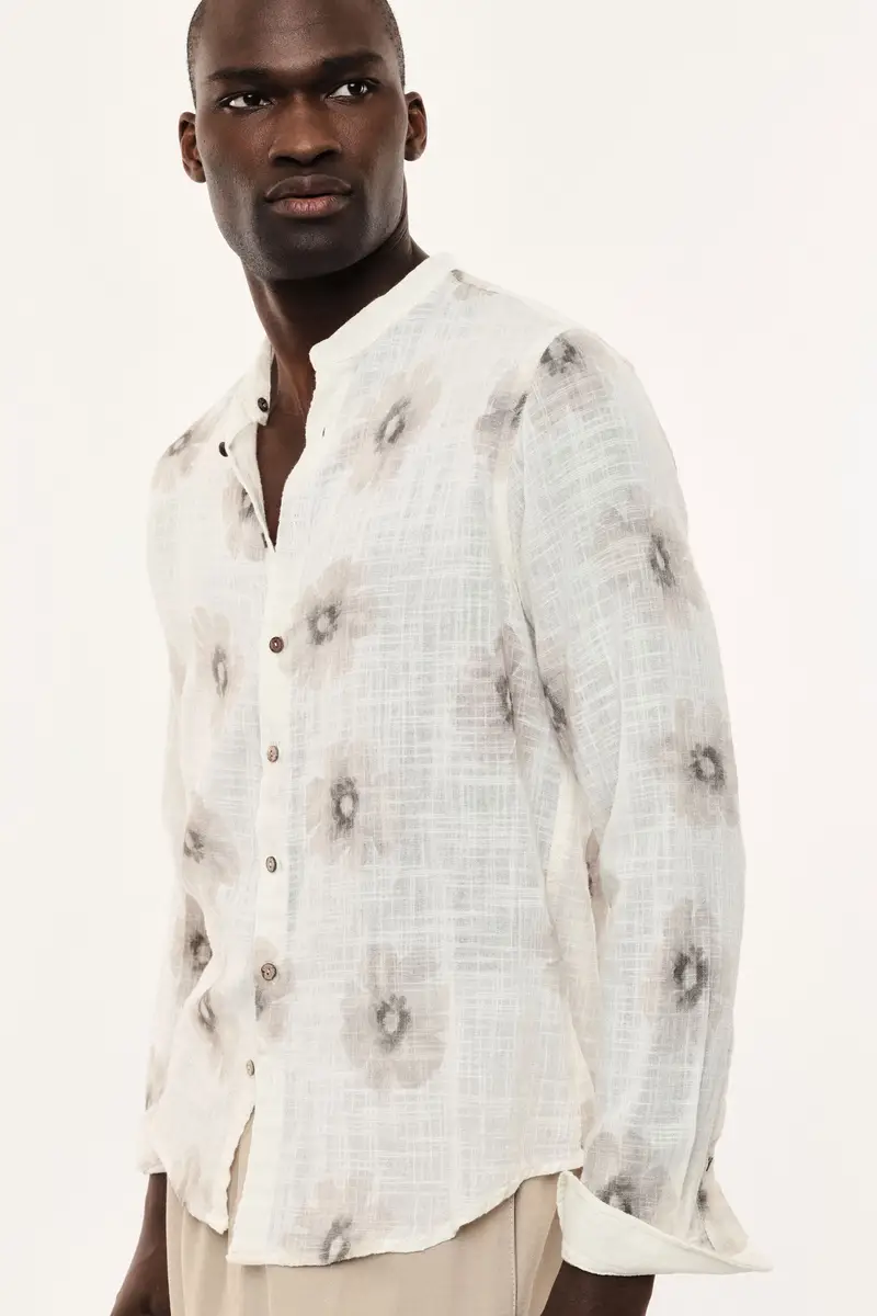 Camicia collo coreano stampa floreale maniche lunghe Panna miniatura 2