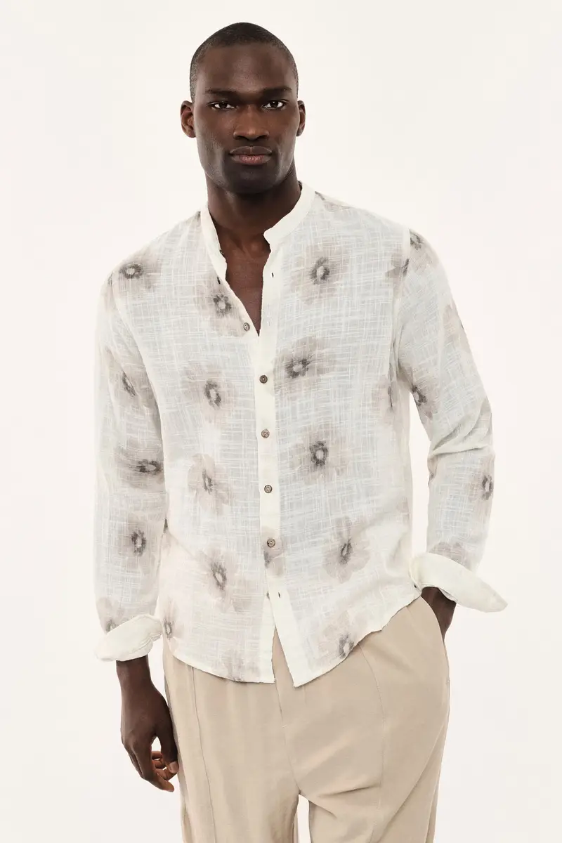 Camicia collo coreano stampa floreale maniche lunghe Panna miniatura 3