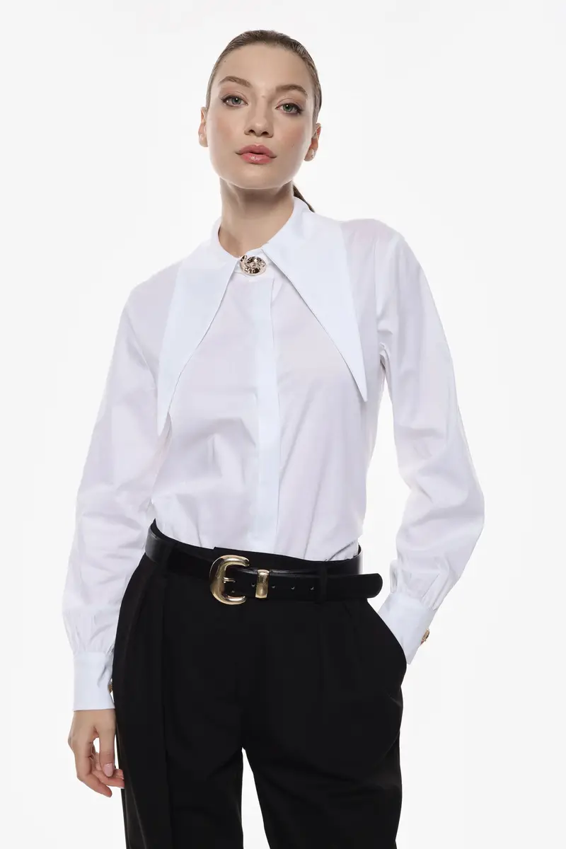 Camicia con colletto a punta oversize e bottoni gioiello Bianco miniatura 2