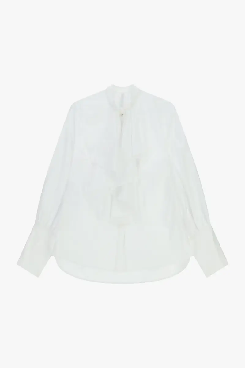 Camicia con colletto coreano e volant frontale Bianco