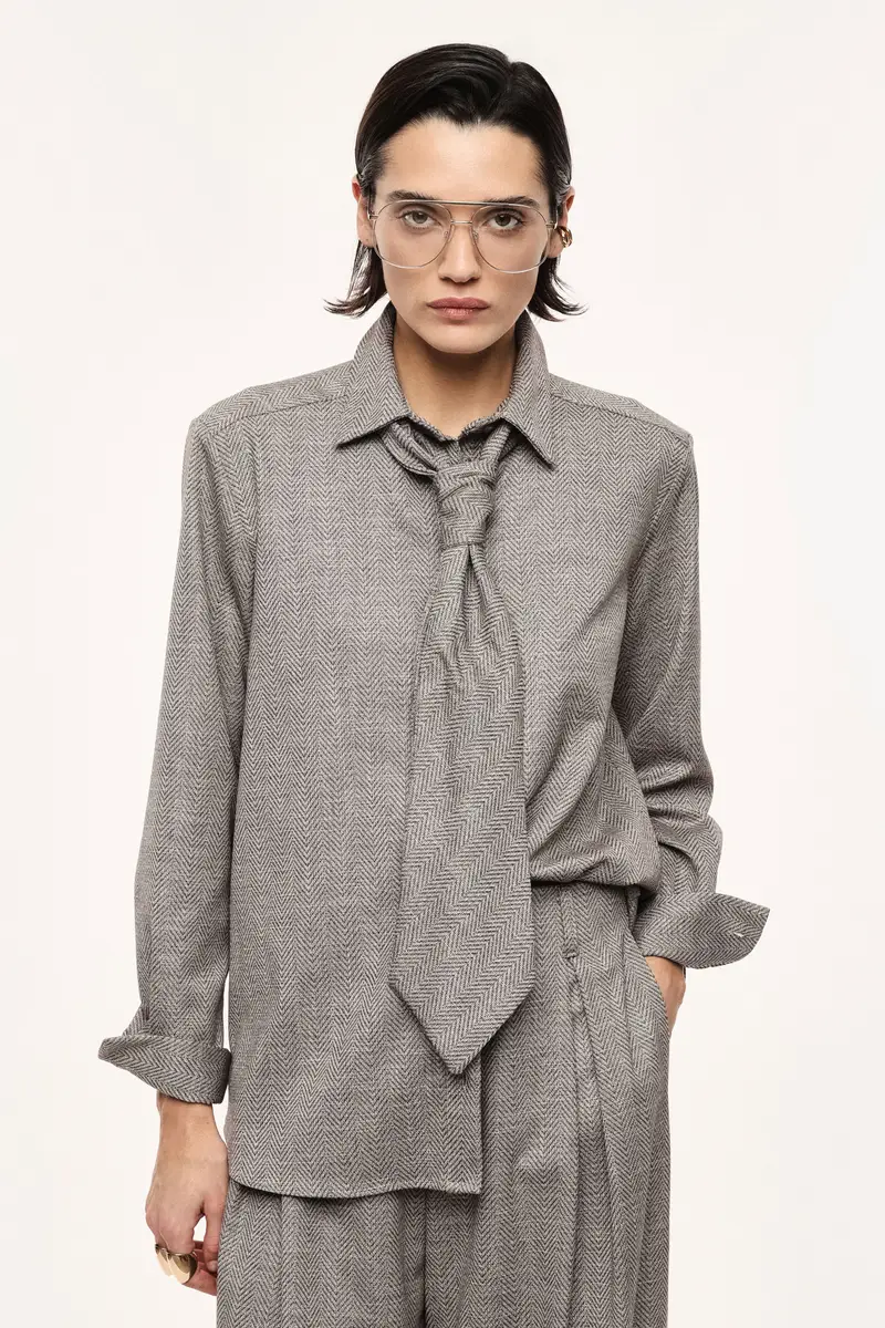 Camicia con collo classico e cravatta coordinata Beige miniatura 2