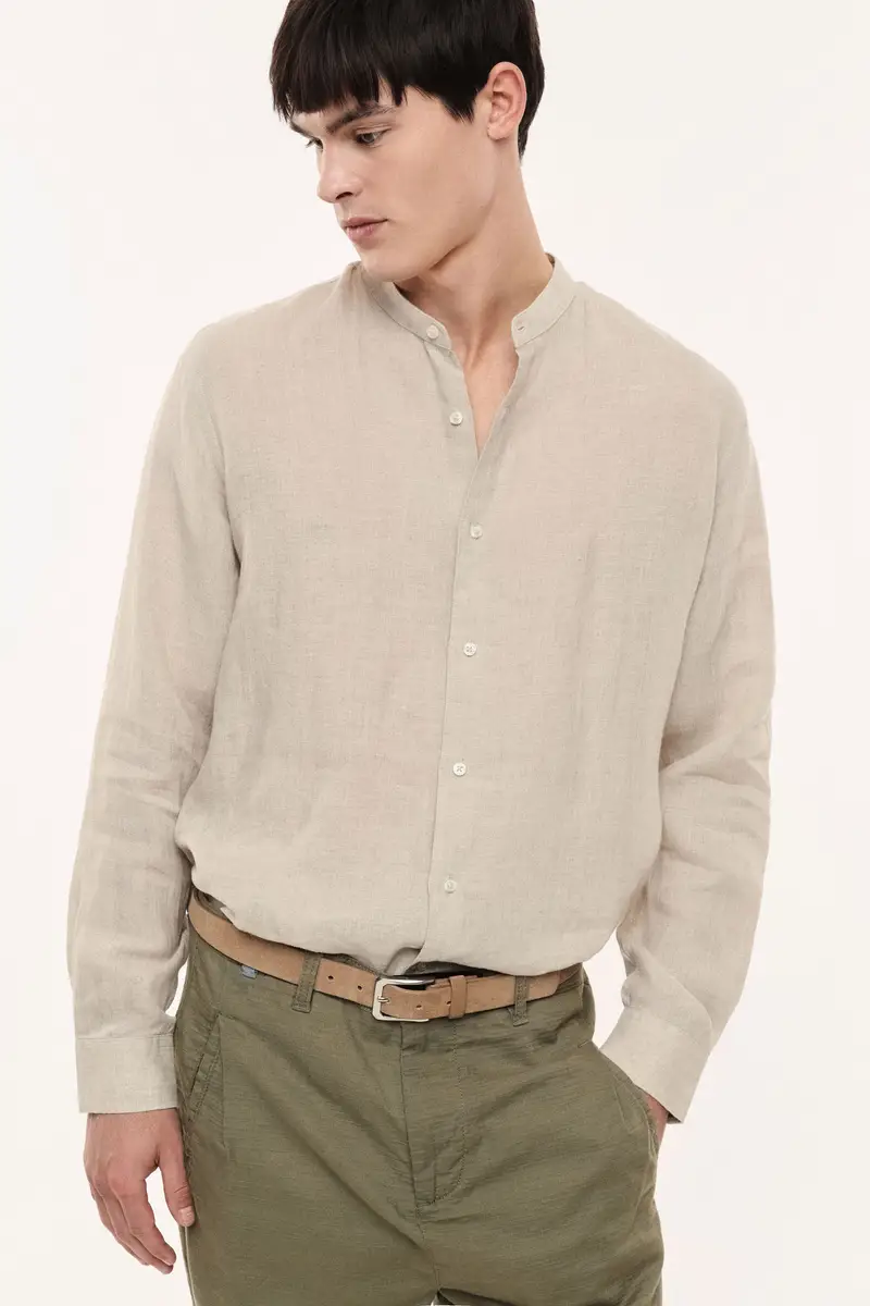 Camicia con collo coreano e maniche lunghe Ecru miniatura 2