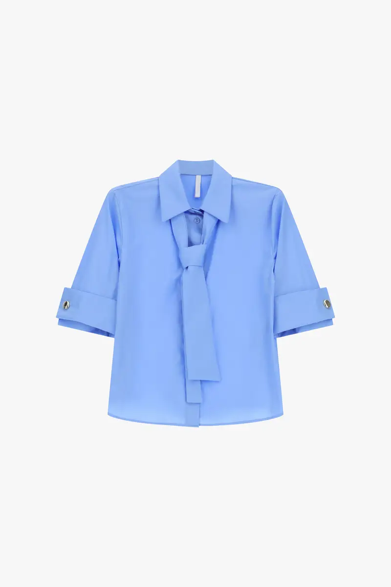 Camicia con maniche risvoltate e cravatta applicata Azzurro